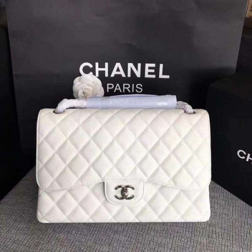 Chanel Flap Umhängetaschen Weiß Original Kalbsleder CF1113 Silber