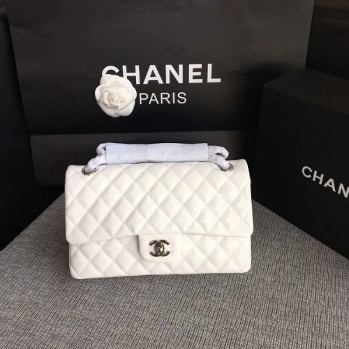 Chanel Flap Umhängetaschen Weiß Original Lackleder CF1112 Silber
