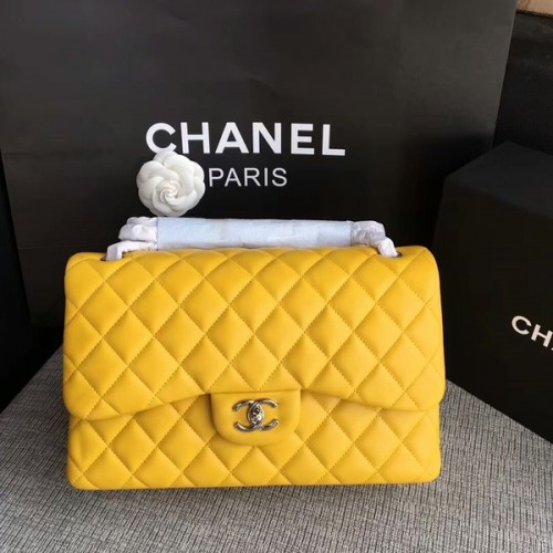 Chanel Flap Umhängetaschen Gelb Original Lammleder CF1113 Silber
