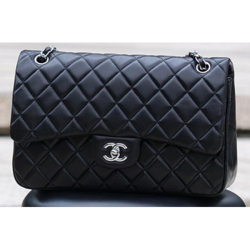 Chanel Jumbo Classic Black Lammfell Flap Bag A58600 Silber