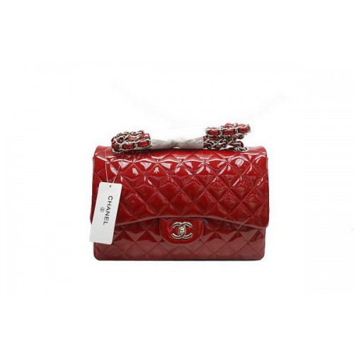 Chanel Jumbo Double Flaps Bag A36097 Rot Original Lackleder Silber