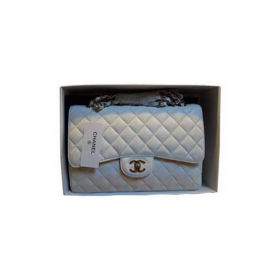 Chanel Jumbo Double Flaps Bag A36097 Weiß Original Kaviarleder Silber