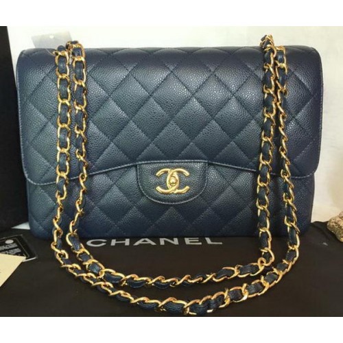 Chanel Jumbo Double Flaps Bag Blue Cannage Muster A36097 Gold