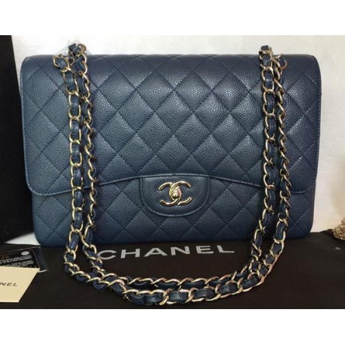 Chanel Jumbo Double Flaps Bag Blue Cannage Muster A36097 Silber