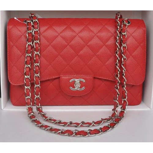 Chanel Jumbo Double Flaps Tasche Rot Cannage Muster A36097 Silber