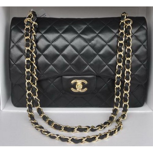 Chanel Jumbo Double Flaps Taschen Schwarzes Schafsleder A36097 Gold