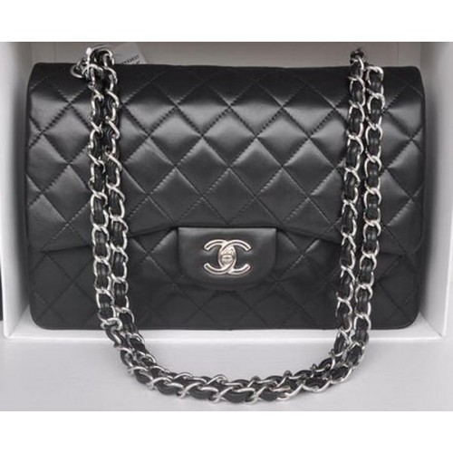 Chanel Jumbo Double Flaps Taschen Schwarzes Schafsleder A36097 Silber