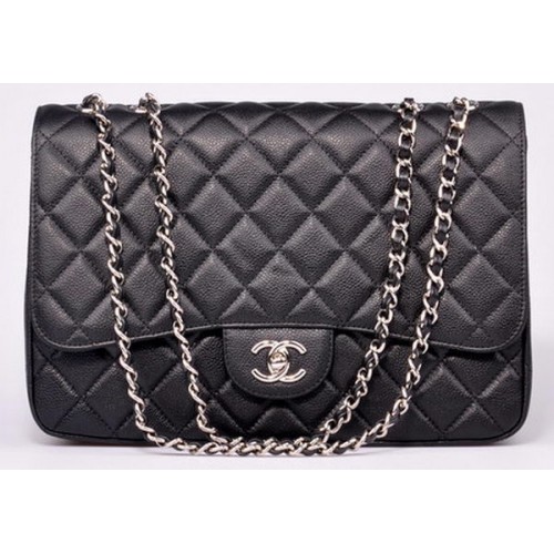 Chanel Jumbo Flap Bag Schwarz Cannage Muster A28600 Silber