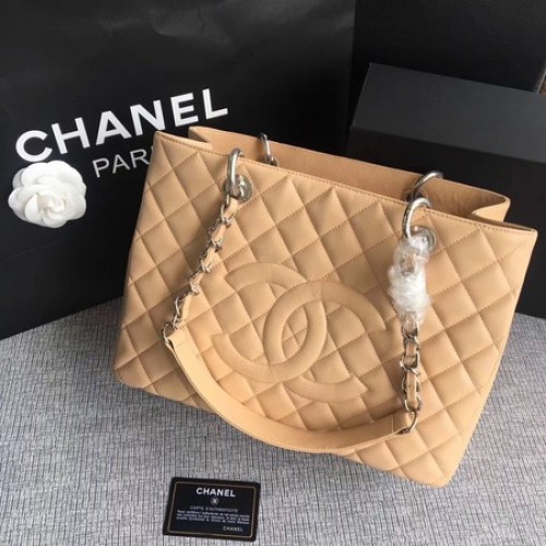 Chanel LE Boy Grand Einkaufstasche GST Apricot Cannage Muster A50995 Silber