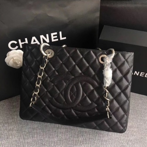 Chanel LE Boy Grand Einkaufstasche GST Schwarz Cannage Muster A50995 Silber