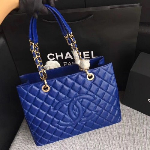 Chanel LE Boy Grand Einkaufstasche GST Blue Cannage Pattern A50995 Gold