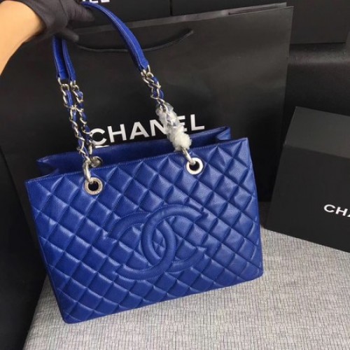 Chanel LE Boy Grand Einkaufstasche GST Blau Cannage Muster A50995 Silber