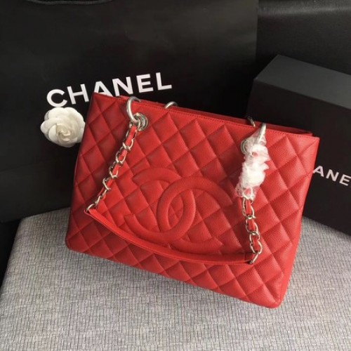 Chanel LE Boy Grand Einkaufstasche GST Red Cannage Muster A50995 Silber