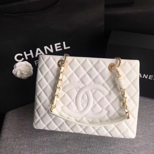 Chanel LE Boy Grand Einkaufstasche GST Weiß Cannage Muster A50995 Gold