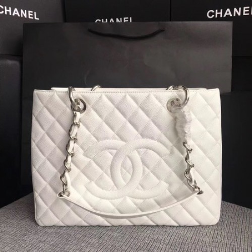 Chanel LE Boy Grand Einkaufstasche GST Weiß Cannage Muster A50995 Silber