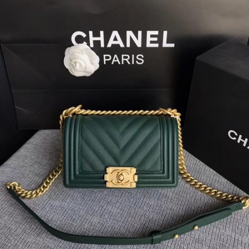 Chanel Le Boy Flap Umhängetasche Original Kaviarleder P67085 Schwarzgrüne Goldschnalle