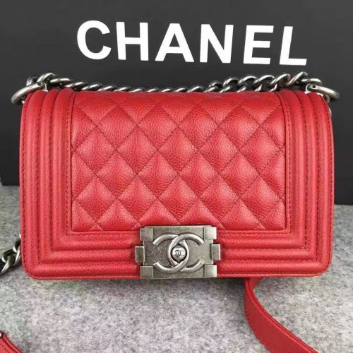 Chanel Le Boy Flap Umhängetasche Original Cavier Leder A67085 Rot Silber Schnalle