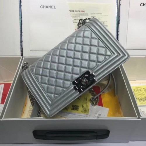 Chanel Leboy Original Kaviarleder Umhängetasche A67086 Silber Silberkette