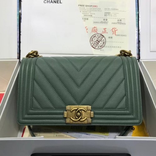 Chanel Leboy Original Kaviarleder Umhängetasche V67086 grüngoldene Kette