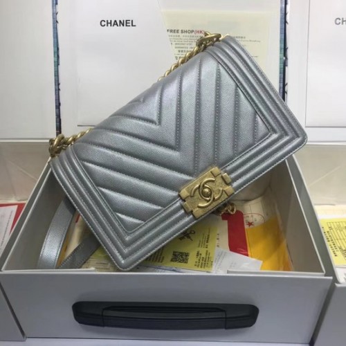 Chanel Leboy Original Kaviarleder Umhängetasche V67086 Silbergoldkette