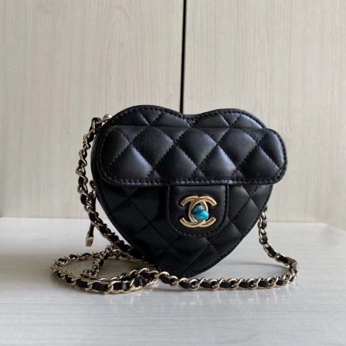 Chanel 2022S Love Heart Original Lammleder Umhängetasche Kette Minitasche AS3191 Schwarz
