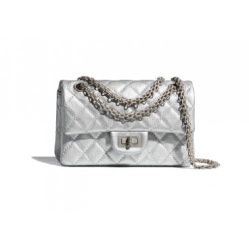 Chanel MINI 2.55 HANDTASCHE Metallisch genarbtes Kalbsleder Weißmetall AS0874 Silber