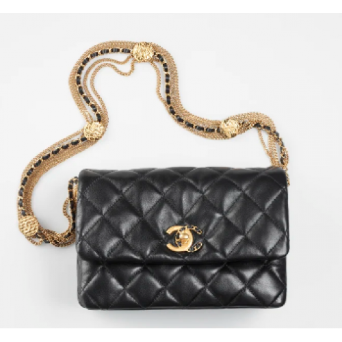 Chanel MINI FLAP BAG Lammleder Goldfarbenes Metall AS3378 schwarz