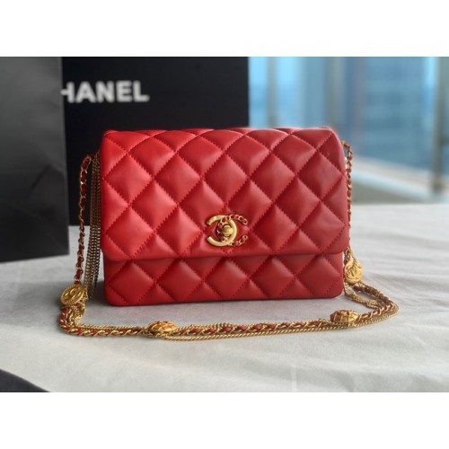 Chanel MINI FLAP BAG Lammleder Goldfarbenes Metall AS3378 rot