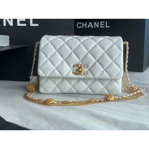 Chanel MINI FLAP BAG Lammleder Goldfarbenes Metall AS3378 weiß
