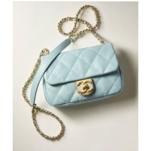 Chanel MINI FLAP BAG Lammleder Goldfarbenes Metall AS3473 Hellblau