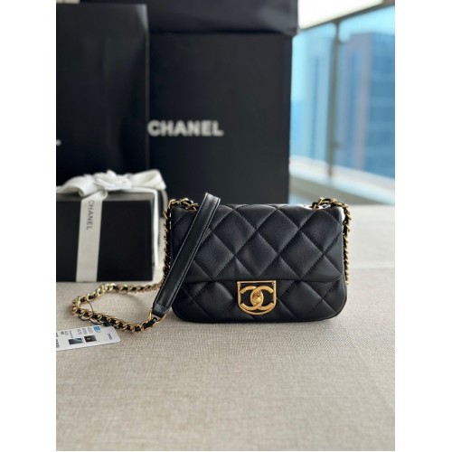 Chanel MINI FLAP BAG Lammleder Goldfarbenes Metall AS3473 schwarz