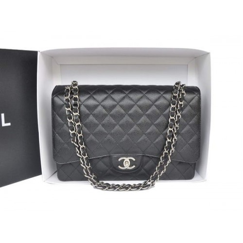 Heißer Verkauf Chanel Maxi Classic Bag A36098 Schwarz Original Kaviar Leder Silber