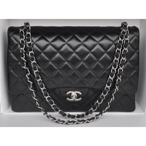 Chanel Maxi Classic Bag A36098 Schwarzes Schaffell Silber