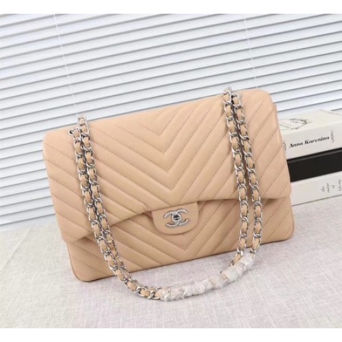 Chanel Maxi Classic Flap Bag Apricot Chevron Schaffell Leder A58601 Silber