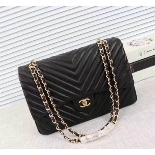 Chanel Maxi Classic Flap Bag Schwarz Chevron Schaffell Leder A58601 Gold