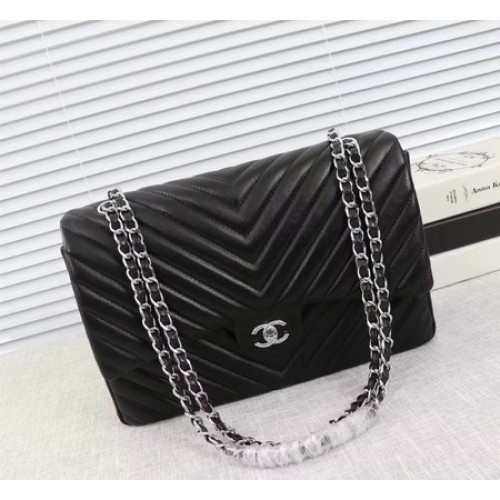Chanel Maxi Classic Flap Bag Schwarz Chevron Schaffell Leder A58601 Silber