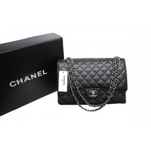 Chanel Maxi Double Flaps Bag A36098 Schwarz Original Kaviarleder Silber