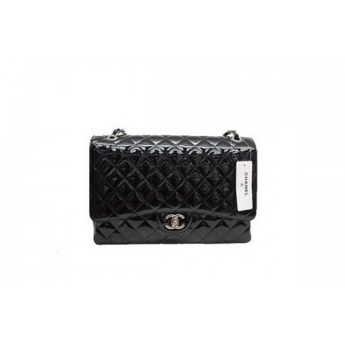 Chanel Maxi Double Flaps Bag A36098 Schwarz Original Lackleder Silber
