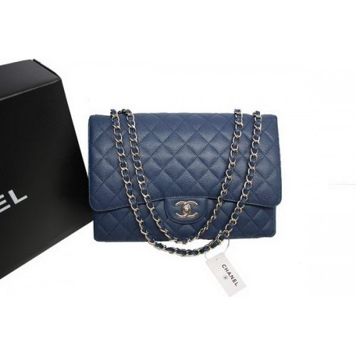 Chanel Maxi Double Flaps Bag A36098 Blau Original Kaviarleder Silber