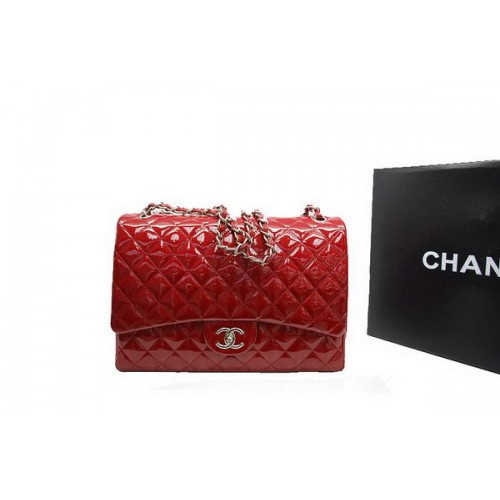 Chanel Maxi Double Flaps Bag A36098 Rot Original Lackleder Silber