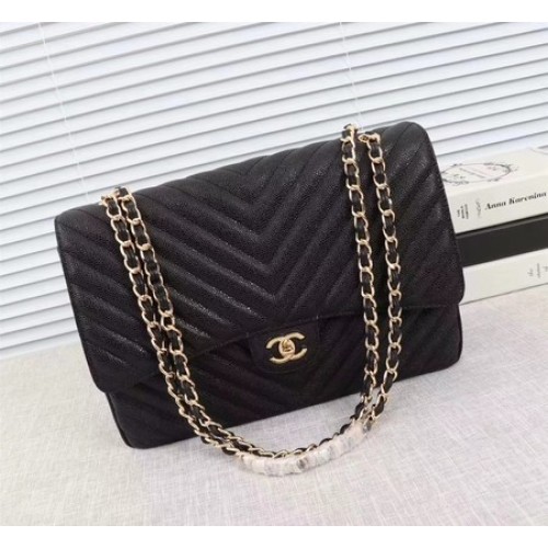 Chanel Maxi Quilted Classic Flap Bag Schwarz Chevron Cannage Muster A58601 Gold