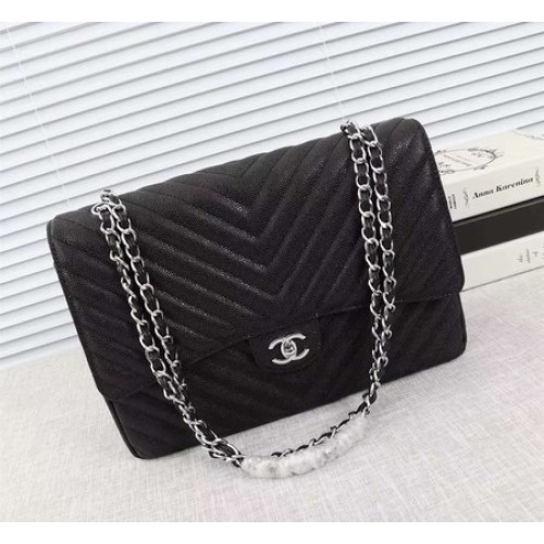 Chanel Maxi Quilted Classic Flap Bag Schwarz Chevron Cannage Muster A58601 Silber