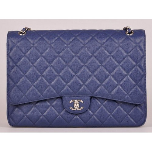 Chanel Maxi Quilted Classic Flap Bag Blue Cannage Pattern A58601 Silber