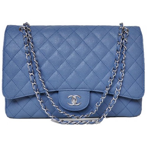 Chanel Maxi Quilted Classic Flap Bag Blue Cannage Patterns A58601 Silber