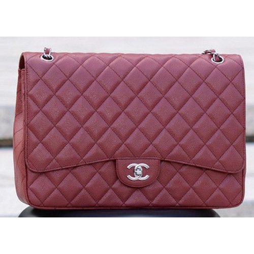 Chanel Maxi Quilted Classic Flap Bag Maroon Cannage Pattern A58601 Silber