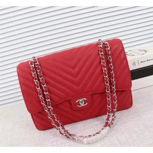 Chanel Maxi Quilted Classic Flap Bag Red Chevron Cannage Pattern A58601 Silber