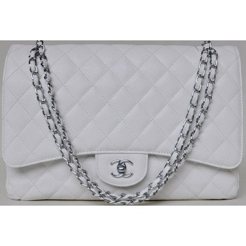 Chanel Maxi Quilted Classic Flap Bag Weiß Cannage Muster A58601 Silber