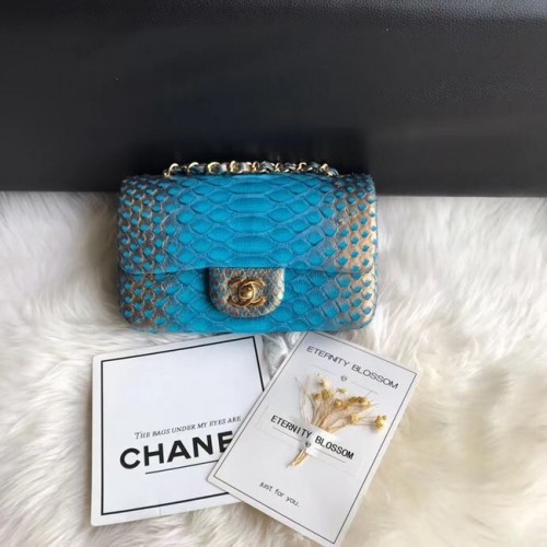 Chanel Mini Flap Bag Python Goldfarbenes Metall A69900 blau&gold