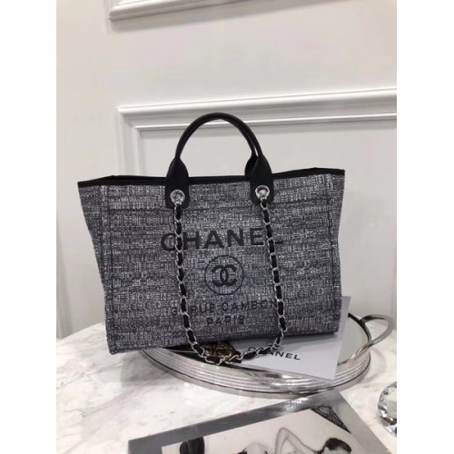 Chanel Original Canvas Leder Tote Einkaufstasche 92298 Schwarz