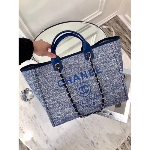 Chanel Original Canvas Leder Tote Einkaufstasche 92298 Blau